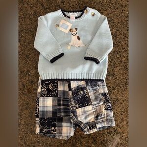 Janie and Jack Blue Sweater with Dog Design and Madras Plaid Gap Shorts